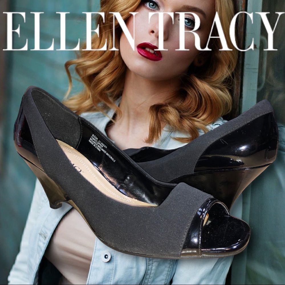 ELLEN TRACY Black Wedge Patent Suede ET Pacer Peep